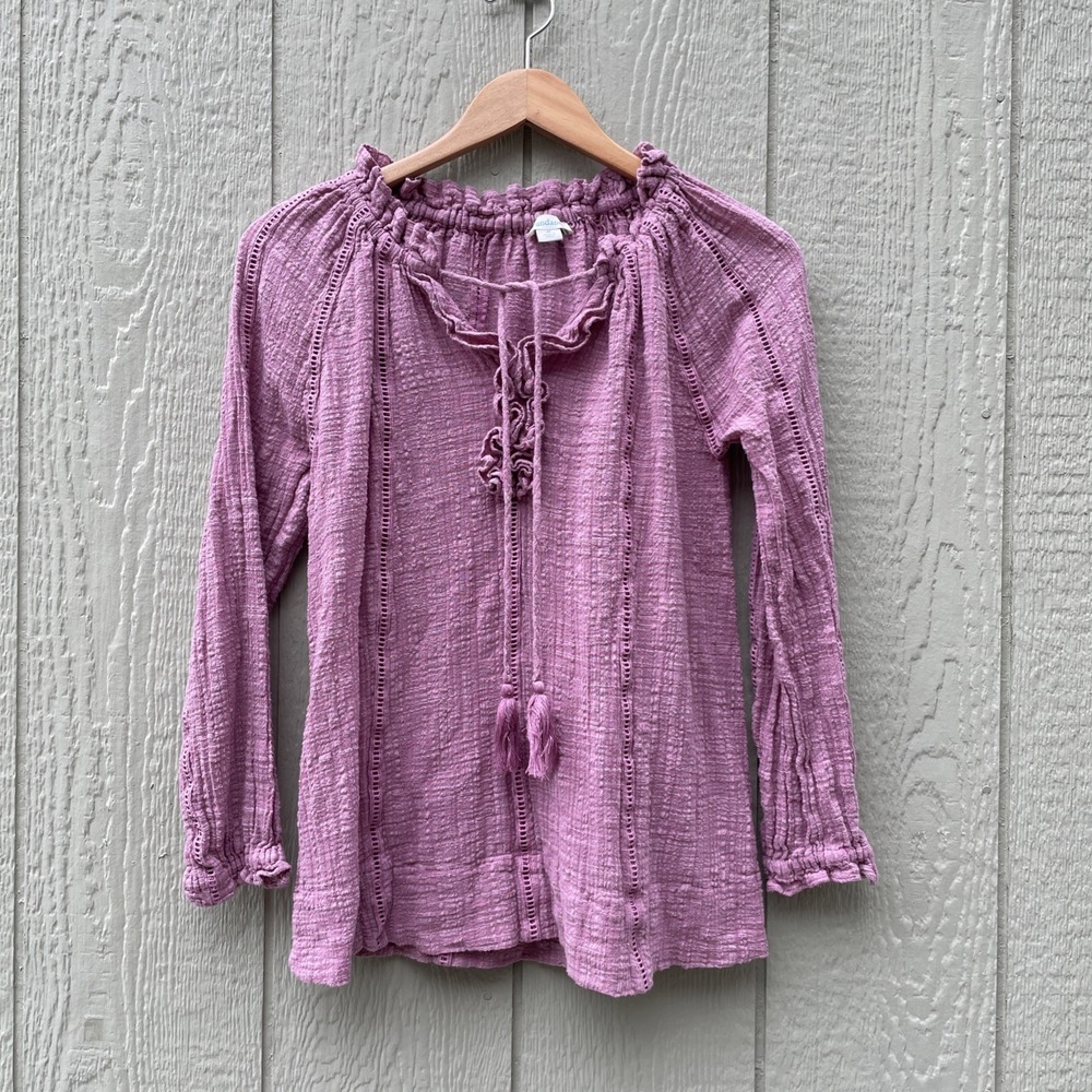 Sundance Top Womens size M Purple Pink Boho Peasant Blouse Tassel Gauze Crinkly